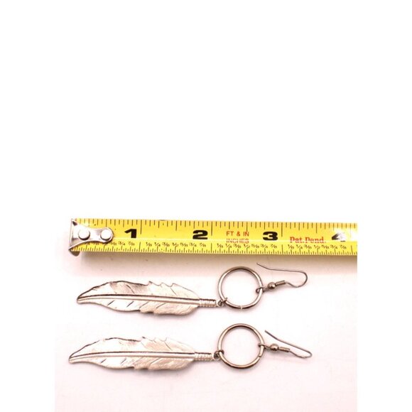 Feather Dangle Drop Earrings Silver Tone Native American Boho French Hook 3.5" - Picture 6 of 7